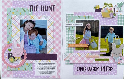 The Hunt - One Week Later 
April Crop Challenge #5 at Sketch N Scrap - 6x8 sketch, but I chose to make it an 8-1/2 x 11 layout instead.

Journaling - The eggs were stuffed and ready to be hidden, but Mother Nature decided to make an appearance and bring us torrential rain for the whole entire week that you were here . . . by Friday the rain had stopped, but the ground was completely
saturated, and the Egg Hunt had to be postponed a few more days. One week after Easter Sunday, we were finally able to
go outside and hunt those eggs. Sunday April 7th, 2024 – Williamsport, PA
