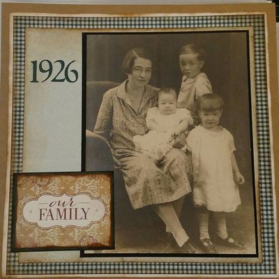 My family
Cover page for Family album. The photo is my grandmother. She is holding my father as an infant, with his older brother and sister standing beside them. 
