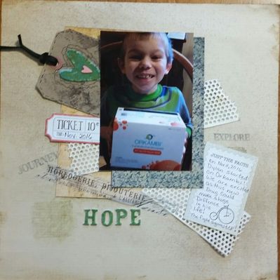 HOPE
This layout is about Dylan starting a new med that is suppose to make a big difference in his cystic fibrosis
Keywords: Dylan, cystic fibrosis, grungy, ink, sponging,