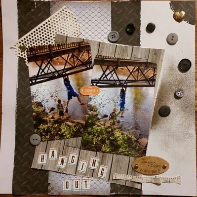Hanging Out
this is a layout I did for a March challenge at Scrap Your Stash,  The boy hanging is my biggest daredevil grandson
Keywords: buttons, distressed , heart