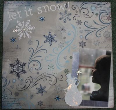 Nov. 1, 2017 Challenge: Song Title and Snowflake
Simple layout with snow flakes and  the song title "LET IT SNOW"
Keywords: snowflake, song title, brads, bling, embossing