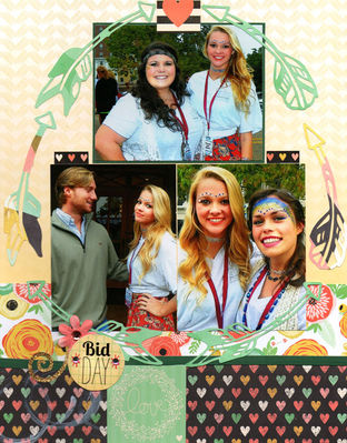 Pi Phi Palooza, left side
left side of a two page layout about the last bid day for me and my daughters.  Sarah's last one was 2013; this one is Mary Beth's, in 2015.  
