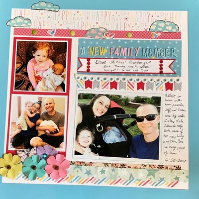 Tuesday Morning challenge #4: A new family member
I included all the required elements on my layout, but when I uploaded and printed the layout I noticed that my ribbon bow and "eyelet" substitute were missing.  Regardless of missing elements, this was a really fun challenge!
Keywords: [http://www.cookinupcreations.net/gallery/albums/userpics/10073/  IMG_E0492_28229~0.JPG