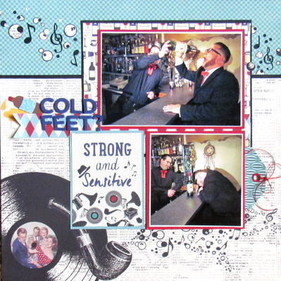 Cold feet?
My son in law and his best man creating a scene for the wedding photographer; I tucked the journaling on a tag under the square photo. The paper collection is "Dapper" by Authentique; love the 1950's vibe!
