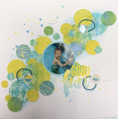 Good Fun
Some mixed media going on here.  I made the patterned paper by printing on old book pages using my homemede Gelli Plate.  I also used some gesso and paint in the background.
