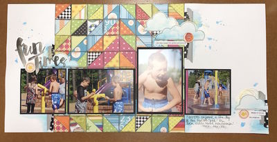 Fun times
Some more mixed media.  This is one of my ABSOLUTE favorite pages!!  Took a Scrap your Scraps idea from Tori Bissell and used up a bunch of old papers...mostly Scenic Route, I think!  Then channelled my inner Missy Whidden for some painty messiness in the background, added tangled thread and washi tape...I cut the clouds and title with my Silhouette.  I also made the flair "buttons"!
