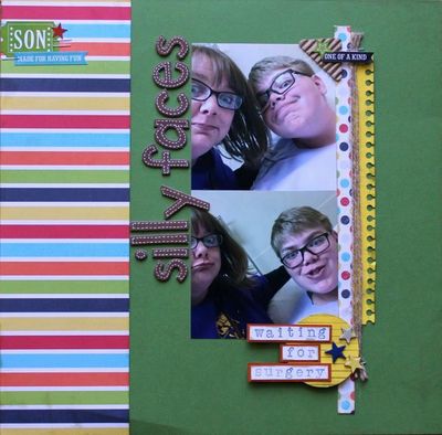 Silly Faces
For Cassy's NSD challenge 5,4,3,2,1

5 staples (also 5 stars)
4 cardstocks (white, green, yellow and orange)
3 pieces of twine
2 photos
1 photo corner
