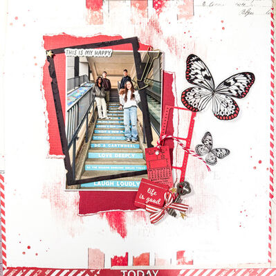 Life is Good
April 4th Mrs. Scarlett Challenge: torn edges, stickers, tag, monochromatic red
