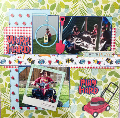 Work Hard, Play Hard
4/18 The Wrench - include a tool, crisscrossing papers and inked edges
