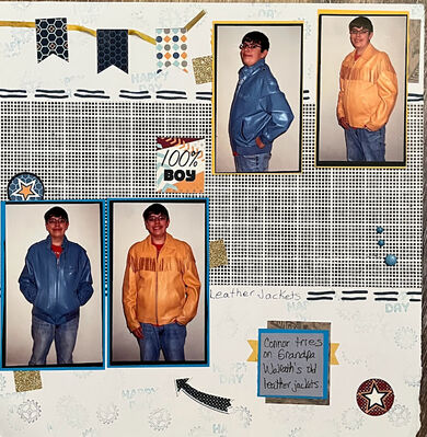 100% Boy
6/9: Sketch Challenge
Keywords: black and white;stickers;stamping;banner;pop dots;free drawing