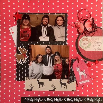 O Holy Night
Dec 22 red OR green with 1 other color.  I used black.  Plus an unusual item.  I used the playing card
