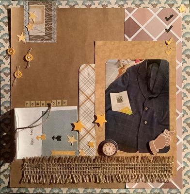 remember
April 11 challenge:  sketch & Colonel Mustard
Keywords: pocket, burlap, mustard (color), stars