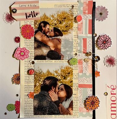 amore'
April 9 challenge:  the knife
fussy cutting
Keywords: flowers;ribbon;buttons;newsprint