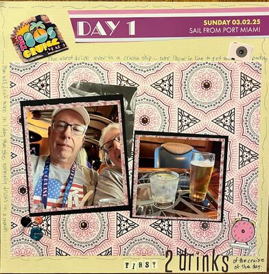 Day 1  2 drinks
6/28/25 challenge
Keywords: clock;number;day of the week;buttons;pop dots;stickers;fussy cutting;doodling