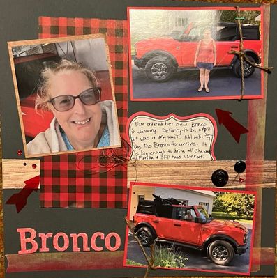 Bronco
October 1 challenge:  wood grain. twine, and red
Keywords: wood grain: twine;red;plaid;black;arrows