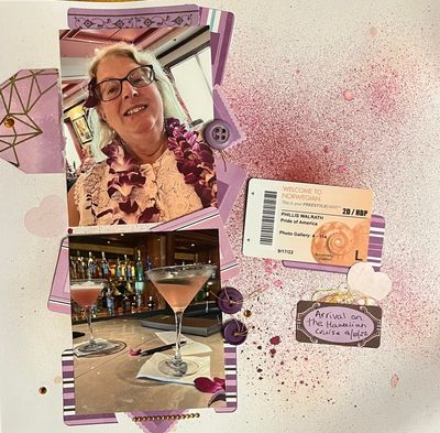 Arrival on the Hawaiian Cruise
Jan 11 challenge:  background and sentiment boxes
Keywords: purple;misting;buttons;thread;sentiment boxes