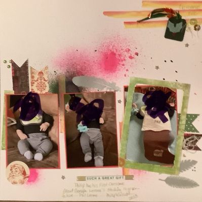 Such a great gift
4/12  Mrs. Peacock challenge
Keywords: ink splatters;feathers;washi tape;buttons;scrap papers;ribbon;sticker