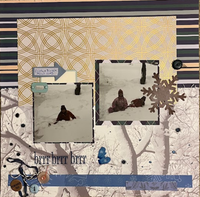 Brr Brr Brr
12/23 Mixed prints challenge
Keywords: winter;striped paper;mittens;stickers;gold pp;buttons;ribbon;twine;snowflake;arrow;ink splatters;metal