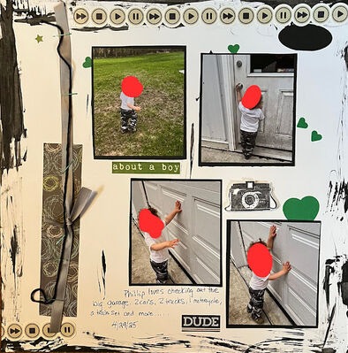 About a boy
June 6, 2025 challenge
Keywords: ribbon;black and white;paint;stickers;green hearts;staples;string;oval;green star