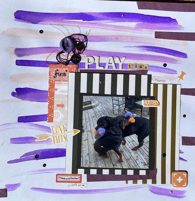 Play time
February 8 challenge
Keywords: Dogs;stripes;ink;sequins;thread;buttons