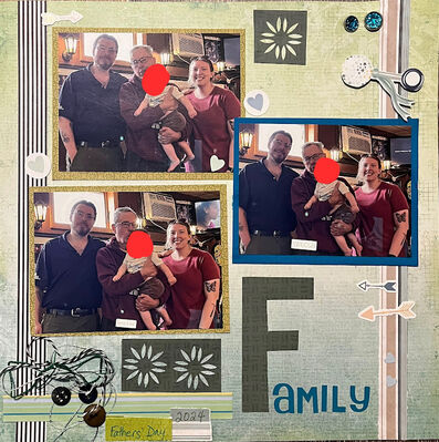 Family
4/25/25 Mrs. Peacock Challenge
Keywords: blue;green;gems;buttons;thread;stripes;punch;hearts;arrows;rattle;stickers