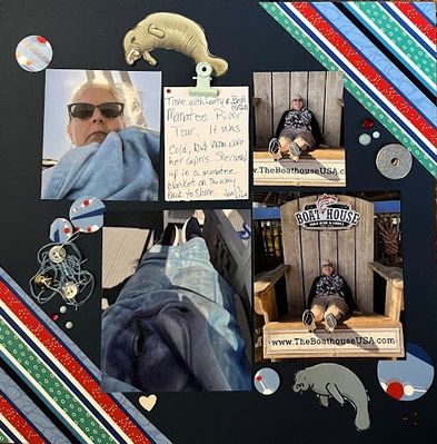 Manatee Eco tour
April 26, 2024 Challenge:  Diagonal
Keywords: diagonal striped paper;thread;circles;gems;buttons;brads;giant eyelet;manatees