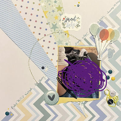 sweet baby
5/3 - gems, twine, pastel papers
Keywords: balloons;gems;pop dots;twine;heart;buttons;handwriting