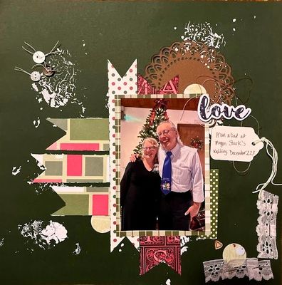 Love
May 15 challenge:  background work and inking
Keywords: stencil;modeling paste;ink;tag;buttons;lace;thread;circles;doillie;heart