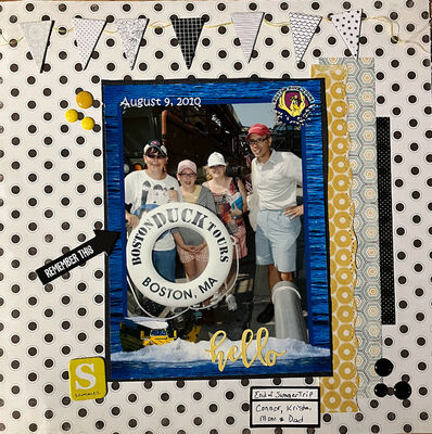 Remember This
June 5th challenge;  Black and white 
Keywords: flags;black;white;yellow;teal;pop dots;thread;border punch;polka dots