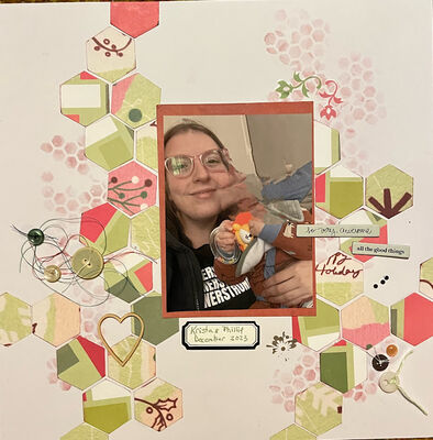 So very awesome
6/1 Hexagons Challenge
Keywords: hexagons;punch;inks;stencil;buttons;wooden heart;pop dot;thread;stickers;rub ons