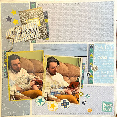 Daddy's Boy
Buzz challenge  June 26, 2024
Keywords: Baby;boy;books;us;under (paper under photos);Zag as in zig zag paper;Zoo (Dinosaur book)