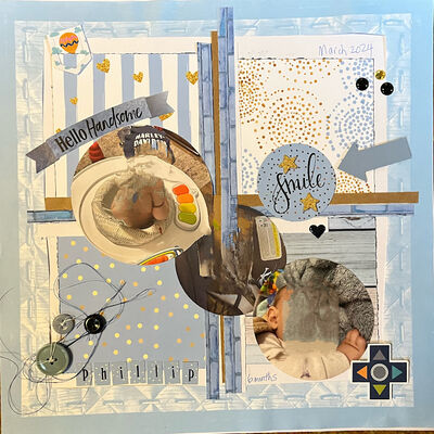 Smile
Friday July 5th Freedom Blue challenge
Keywords: stripes;mainly blue;buttons;heart;stickers;pop dots;hot air balloon;thread;arrow;gem