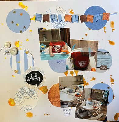 Oh Baby
August 7, 2024 Magic Challenge
Keywords: circles;buttons;ink splatters;flags;ribbon;paste applied with a stencil