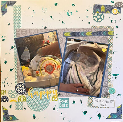 Happy
July 31, 2024 Challenge quilts
Keywords: white paper background;scraps;handwritten journalling;circles;buttons;splattered ink;photo corners