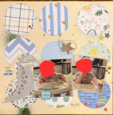 Boys Rule
October 5, 2024 Simon Says challenge
Keywords: circles;stars;sewing;thread;pop dots;hearts;ink splatters;stickers