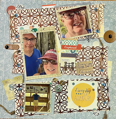 Everyday is an adventure
12/18/24 Frosty Challenge:  Snowstorm
Keywords: eyelets;sting;stickers;circle punch;buttons;brads;ink;layers;vellum