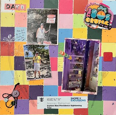 Day 2
July 5.2015 Challenge
Keywords: squares;buttons;string;ticket;ink splatters;fussy cutting;cardboard square;plastic flowers