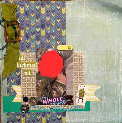 All tuckered out
October 29 challenge
Keywords: ribbon;ink splatters;buttons;sticker;30 minutes;brad;buckle