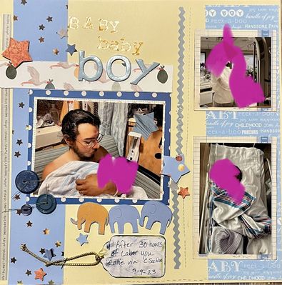 Baby baby boy
Wednesday 11/8 challenge   Wild Wild West
Keywords: alliteration;stars;baby;elepheants;tag;buttons;blue