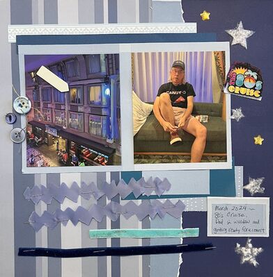 80s Cruise
1/17/25 Challenge: Blue 
Keywords: blue;zig zag;stars;flock;ribbon;buttons;stripes;paper scraps