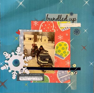 Bundled up
Jan 20, 2025 challenge
Keywords: winter;gems;buttons;snowflakes;snowmobile;ribbon;vellum;stickers;heart