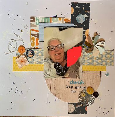 Cherish
August 19  Sketch and Magical Time
Keywords: ink splatter;stencil with ink;buttons;thread;flowers;doilies;sketch;heart punch;stickers;hearts