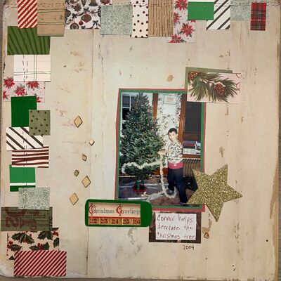 Christmas Greetings
Jan 26, 2026 challenge
Keywords: paper scraps;faux stitching;star;wooden triangles;heart