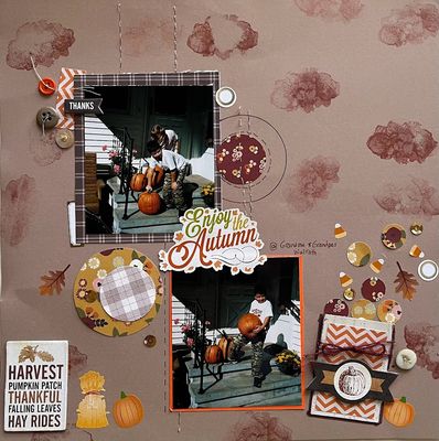 Enjoy the autumn
Feb 3, 2024; pocket full of posies challenge
Keywords: pocket;inking;pumpkins;hay;circles;buttons;stickers;chipboard;sequins;hand stitching