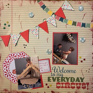 Welcome to my everyday cirsus
1022/25 challenge
Keywords: ink;doily;flags;pop dots;circle punch;printed paper;brads;layers