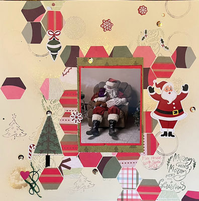 Fire House
April 3- Background Work challenge
Keywords: stamping;spray in;fussy cutting;hexagon punch;ribbon;thread;buttons;stickers;sequins;Christmas