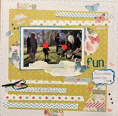 FUN
May 9, 2025 Challenge
Keywords: butterflies;ribbon;paper strips;gems;pop dots;freehand border drawing;puffy stickers