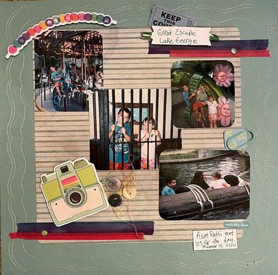 Great Escape
Jan 17 Summer challenge
Keywords: blue;camera;paper clip;buttons;string;washi tape;tickets;pop dots;different sized photos