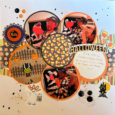 Halloween
April 21st sketch:  the revolver challenge
Keywords: circles;ripped edges;stickers;ink splatters;stickers;pop dots;thread