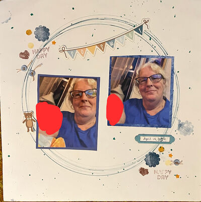 Happy Day
May 21 Challenge;  A little bit of me a little bit of you
Keywords: ink splatters;large circle;banner;chipboard;buttons;stars;stamps